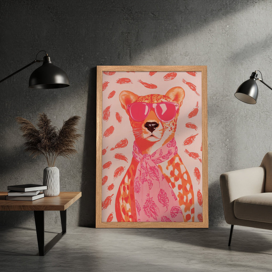 Framed Poster featuring a stylish cheetah in pink and orange, modern art style. Perfect wall decor!