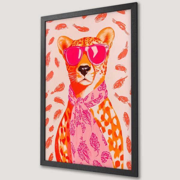 Framed Poster of a stylish cheetah wearing sunglasses and a scarf. Pop art style with pink, orange, and red color palette. Add a touch of fun to your space!
