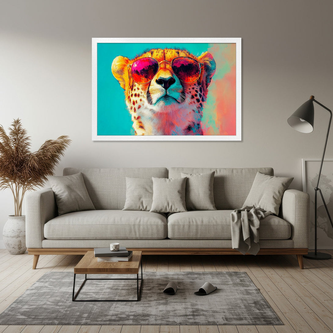 Framed Poster featuring a cool cheetah wearing sunglasses, vibrant pop art style with a colorful palette. Perfect wall art!