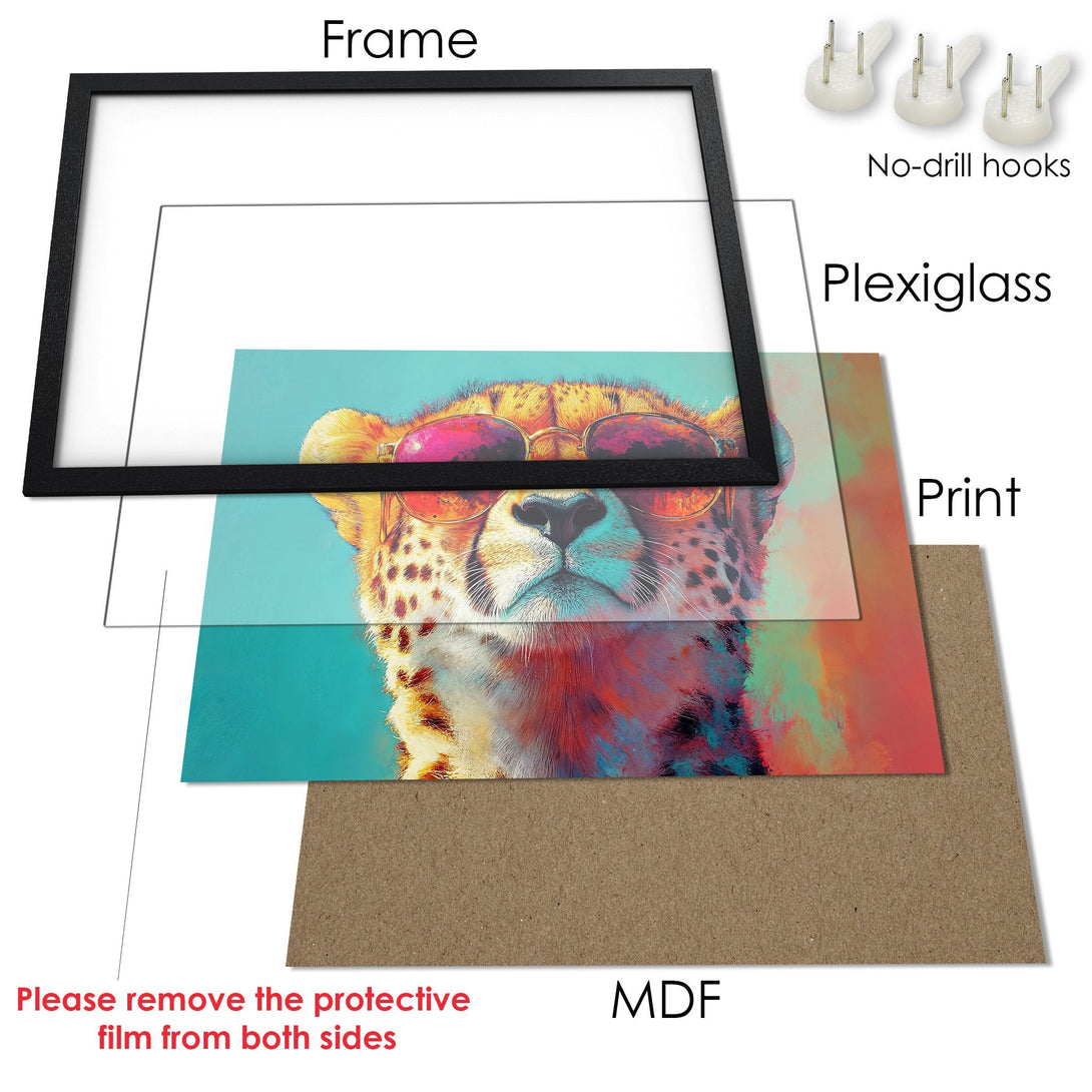 Framed Poster featuring a cool cheetah wearing sunglasses, vibrant colors, and a modern art style. Perfect wall art!