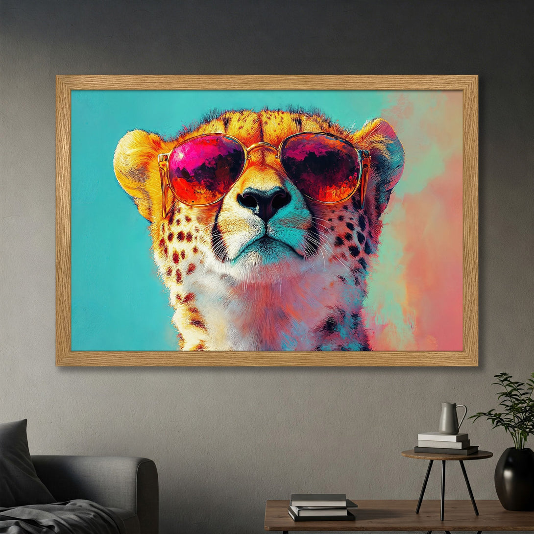 Framed Poster of a cool cheetah wearing sunglasses. Pop art style with vibrant teal, pink, and orange colors. Add a touch of fun to your space!