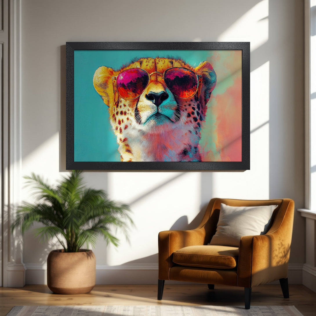 Framed Poster featuring a cool cheetah wearing sunglasses, vibrant pop art style, with a colorful, eye-catching palette.