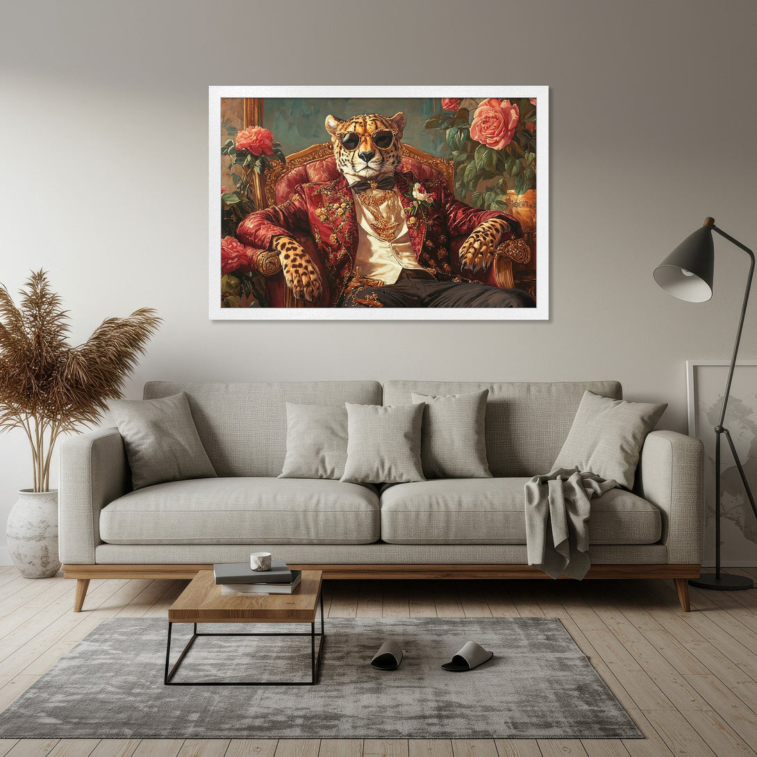 Framed Poster featuring a regal leopard in a red jacket, vintage style, rich color palette. Perfect wall art for your home!
