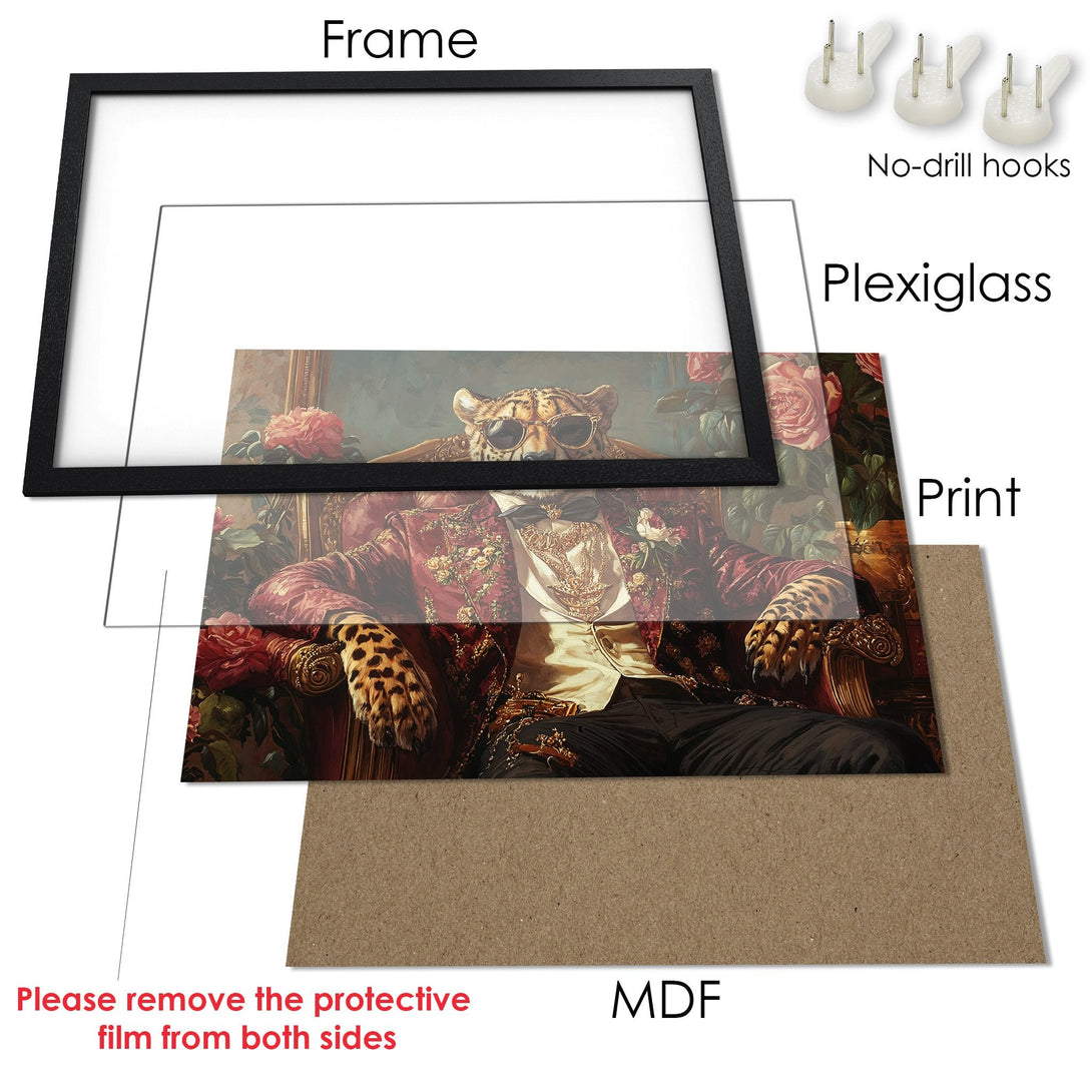Framed Poster featuring a dapper leopard in a red jacket. Regal style with a rich, warm color palette. Enhance your space!