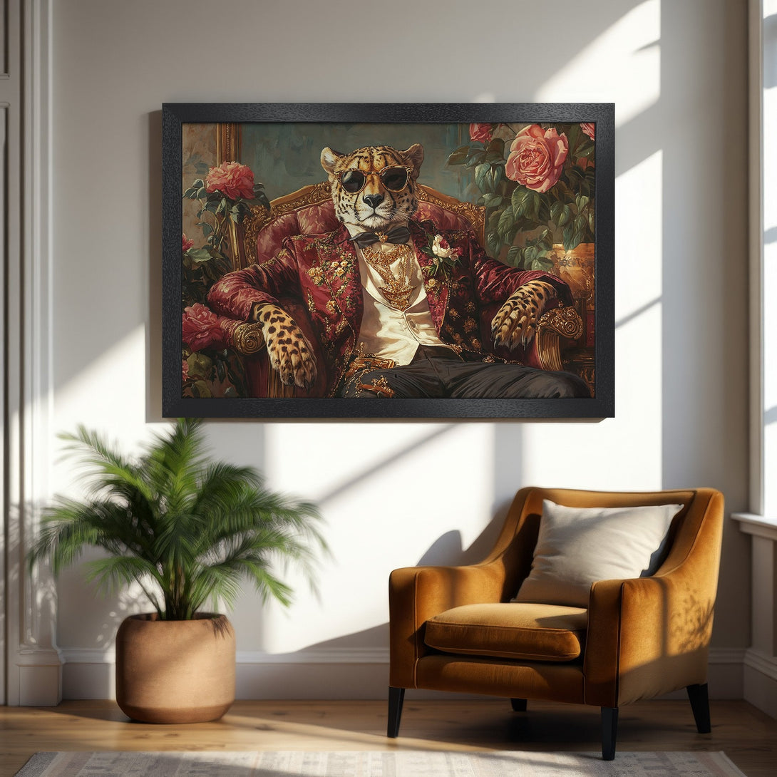 Framed Poster featuring a dapper leopard in a rich, vintage style with a burgundy and gold color palette.