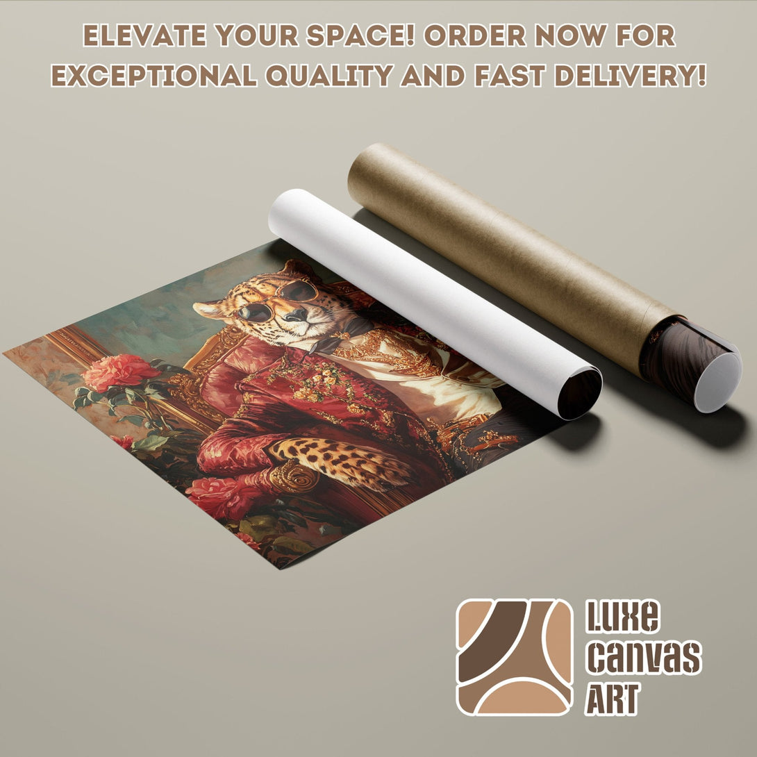 Poster Roll featuring a regal leopard in a vintage style, rich red and gold color palette.
