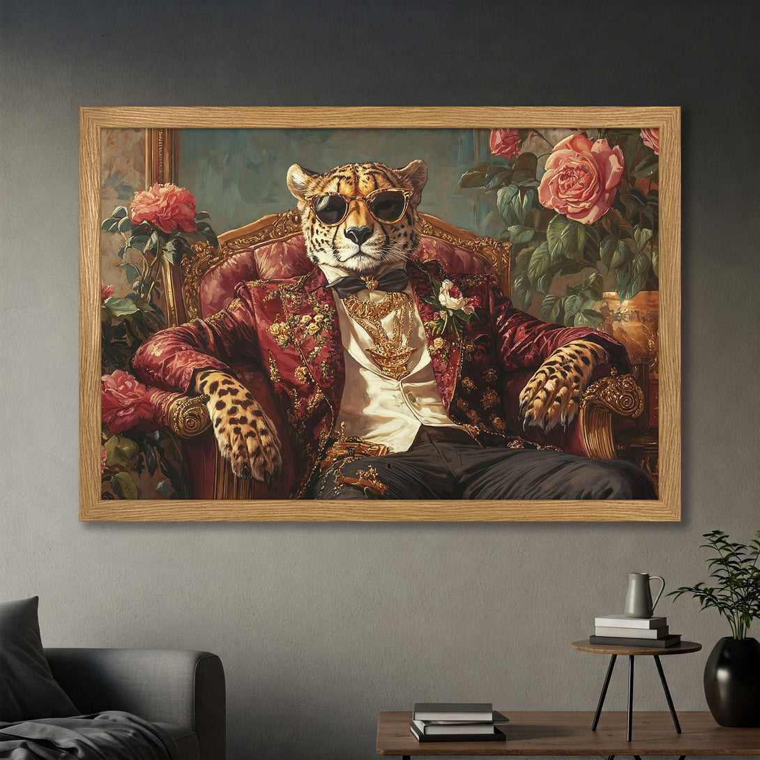 Framed Poster featuring a dapper leopard in a red jacket, vintage style, with a rich color palette. Add unique art to your home!