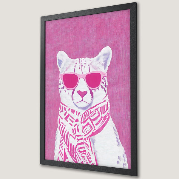 Framed Poster featuring a stylish cheetah in sunglasses, pop art style, pink and white color palette. Perfect wall art!