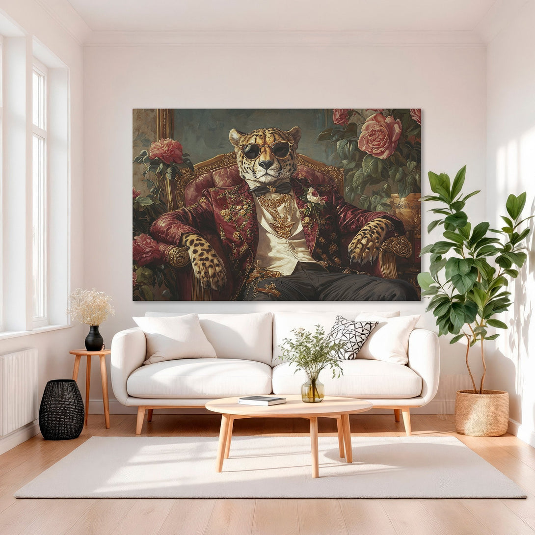 Framed Wall Art: Regal leopard in sunglasses, vintage style, rich red & gold palette. Perfect for luxury home decor. Canvas Print available.