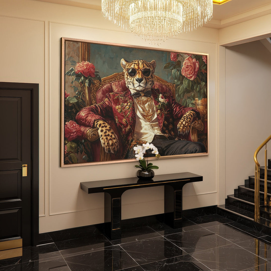 Framed Wall Art: Regal leopard portrait in a luxurious interior. Rich red, gold, and black color palette. Perfect for adding a touch of opulence.