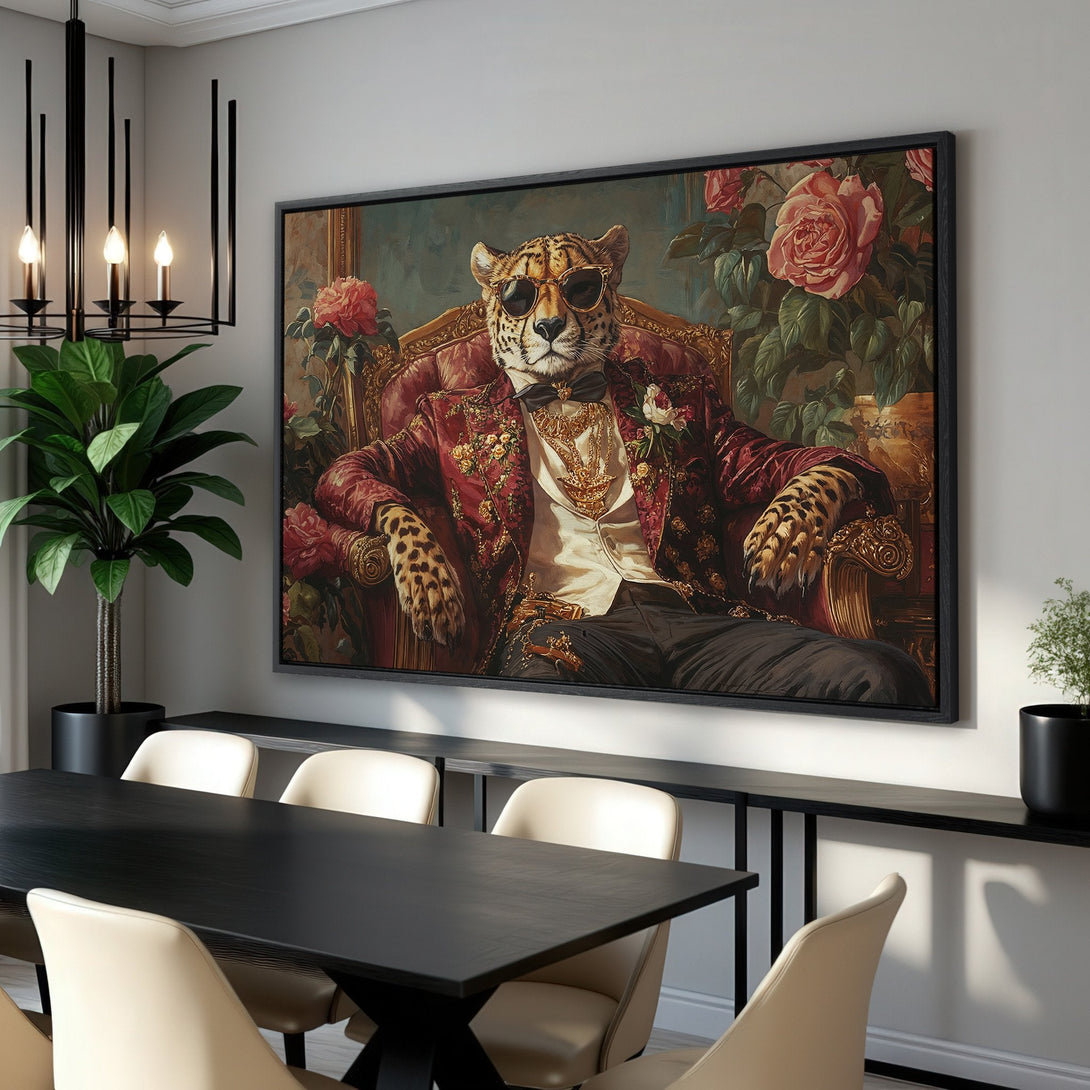 Framed Wall Art: Regal leopard in sunglasses, vintage style, rich red and gold tones. Perfect for adding a touch of luxury to your home decor.