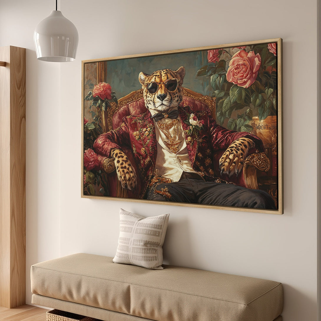 Framed Wall Art featuring a regal leopard in a vintage style, rich red and gold tones. Elevate your space with this unique and stylish Canvas Print!