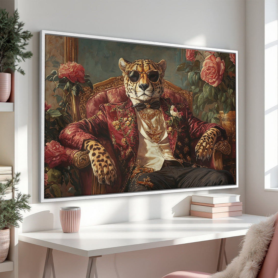 Framed Wall Art: Regal leopard in a red and gold suit, vintage style. Rich color palette with burgundy, gold, and cream tones. Perfect for adding personality!
