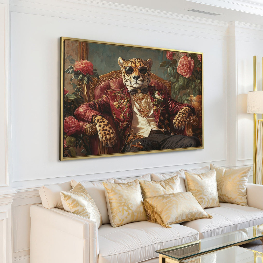 Canvas Print of a regal leopard in a red jacket, classic style, rich color palette. Adds a touch of luxury to any space.