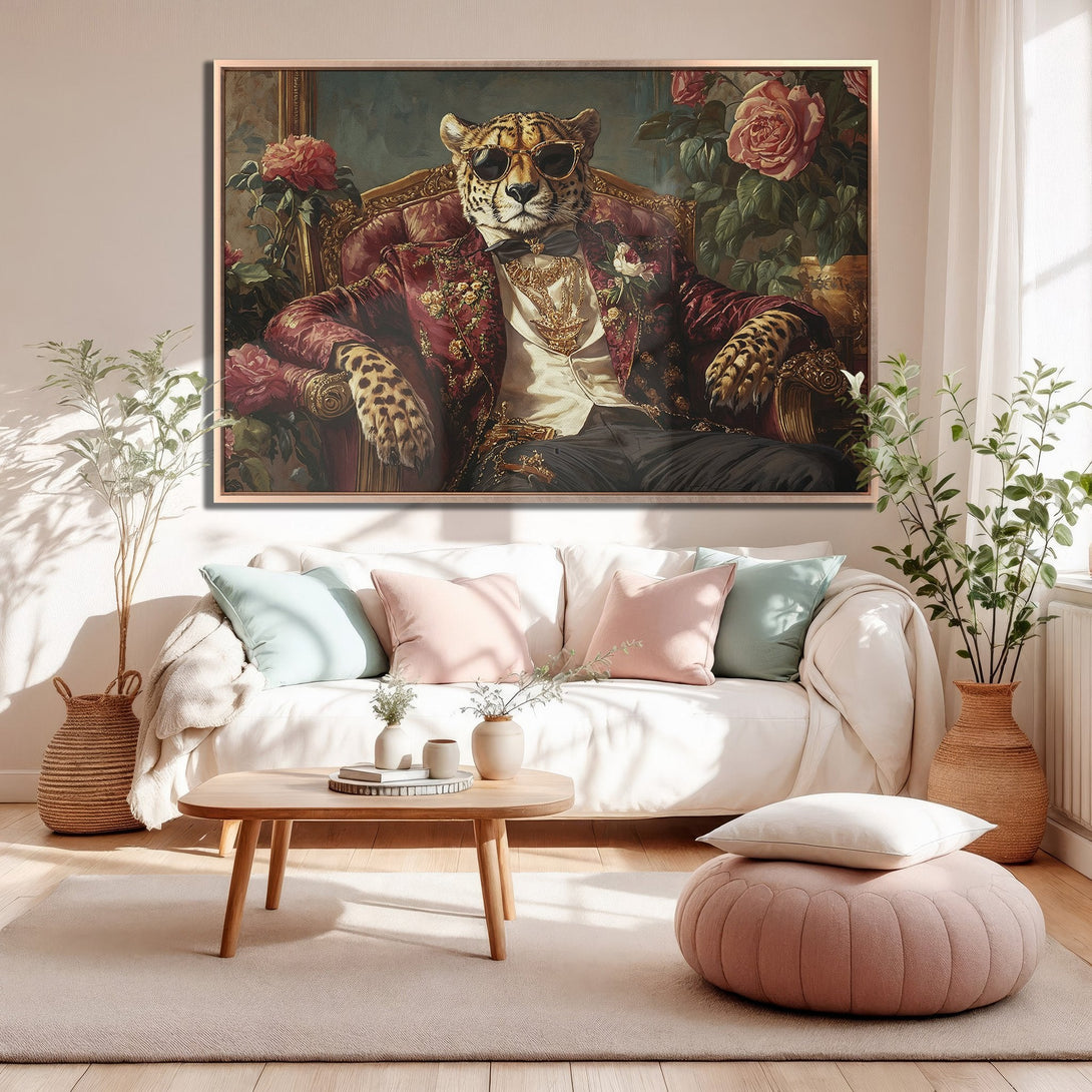 Framed Wall Art of a regal leopard in a red and gold suit, vintage style. Adds a touch of luxury with a warm color palette to any space.