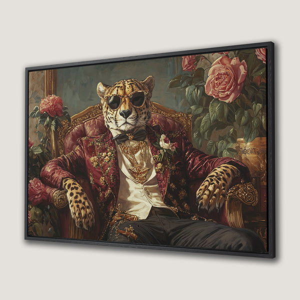 Framed Wall Art: Regal leopard in sunglasses, classic portrait style, rich burgundy and gold color palette. Add a touch of luxury to your space!