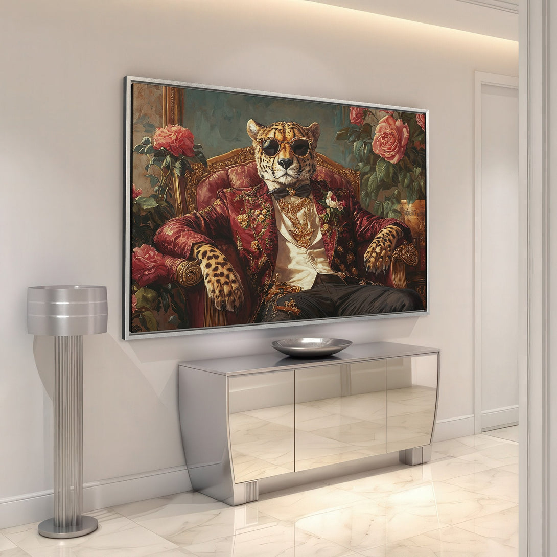 Framed Wall Art: Regal leopard portrait in a luxurious interior. Rich red and gold color palette. Perfect statement piece for your home decor.