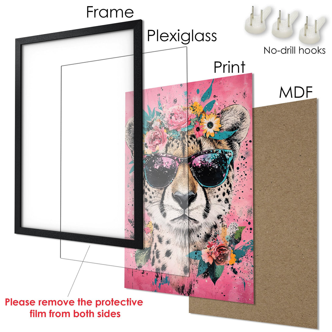 Framed Poster featuring a cheetah with sunglasses, floral crown, and pink background. Modern art style with vibrant colors.