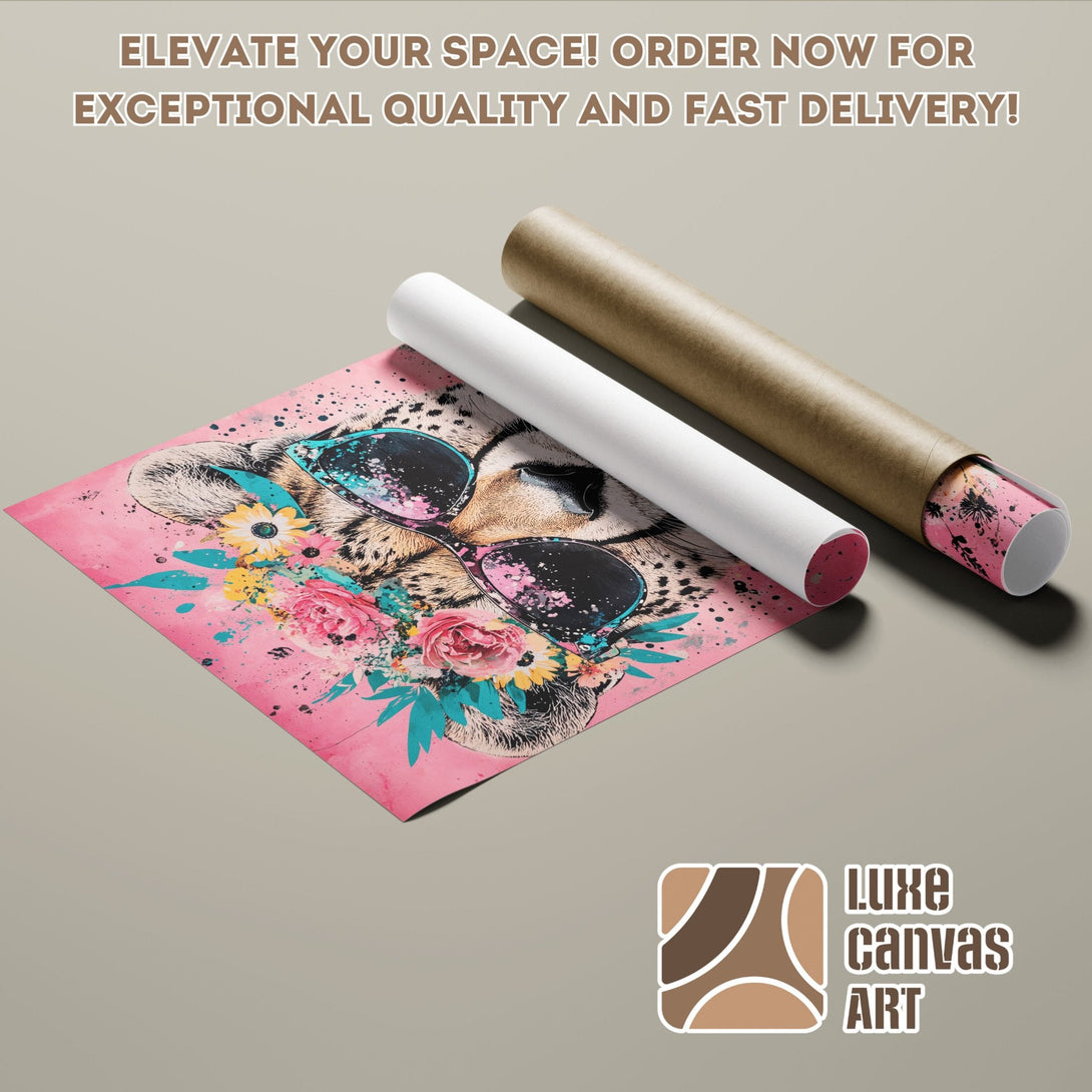 Cheetah Poster Roll with vibrant pink & teal floral art. Modern style, perfect for home decor. Order your art today!