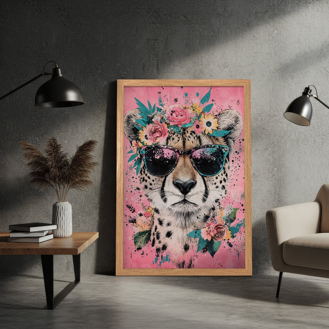 Framed Poster featuring a cheetah with sunglasses and floral crown, vibrant pink background, modern art style. Perfect for adding personality!