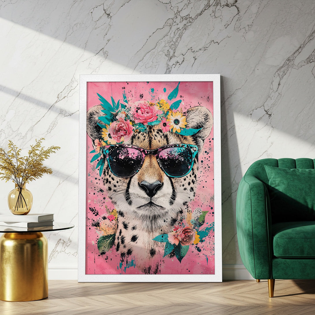 Framed Poster featuring a cheetah with sunglasses and floral crown, vibrant pink, teal, and yellow palette, modern art style.
