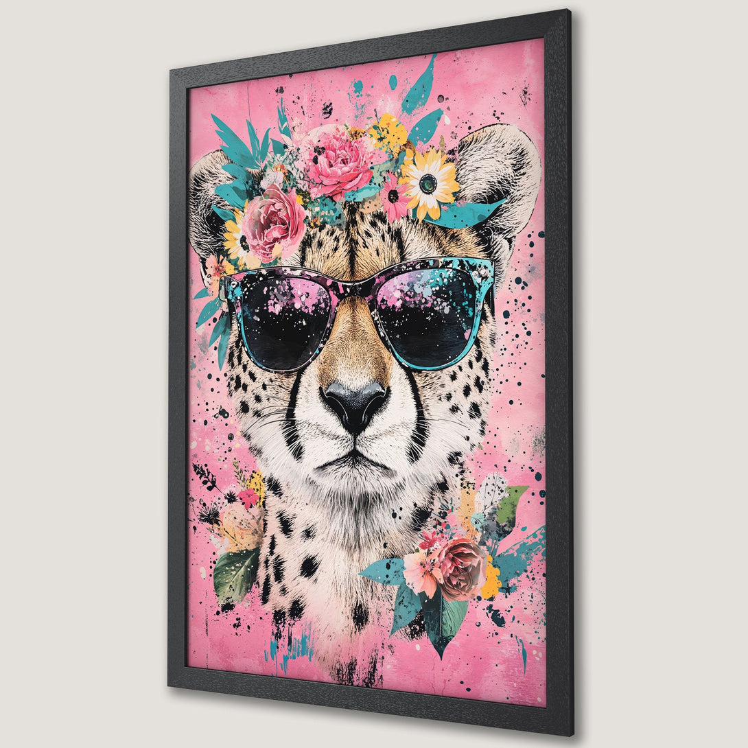 Framed Poster featuring a cool cheetah wearing sunglasses and floral crown, vibrant pink, teal, and yellow color palette.