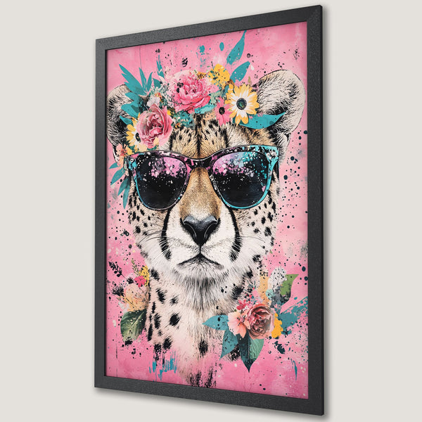 Framed Poster featuring a cool cheetah wearing sunglasses and floral crown, vibrant pink, teal, and yellow color palette.