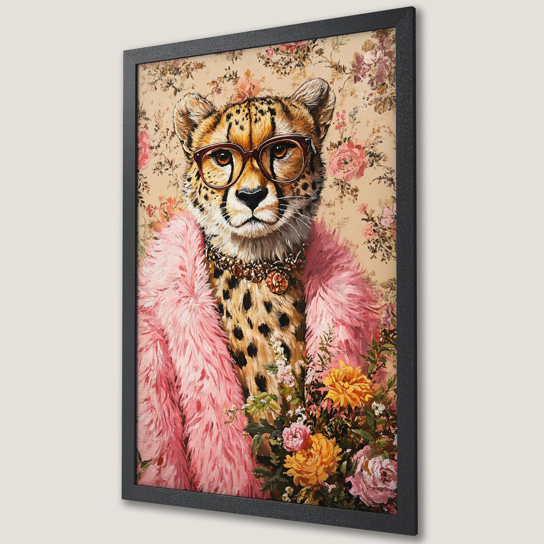 Framed Poster featuring a cheetah in glasses and pink fur, floral background, rich color palette. Add a touch of whimsy to your decor!