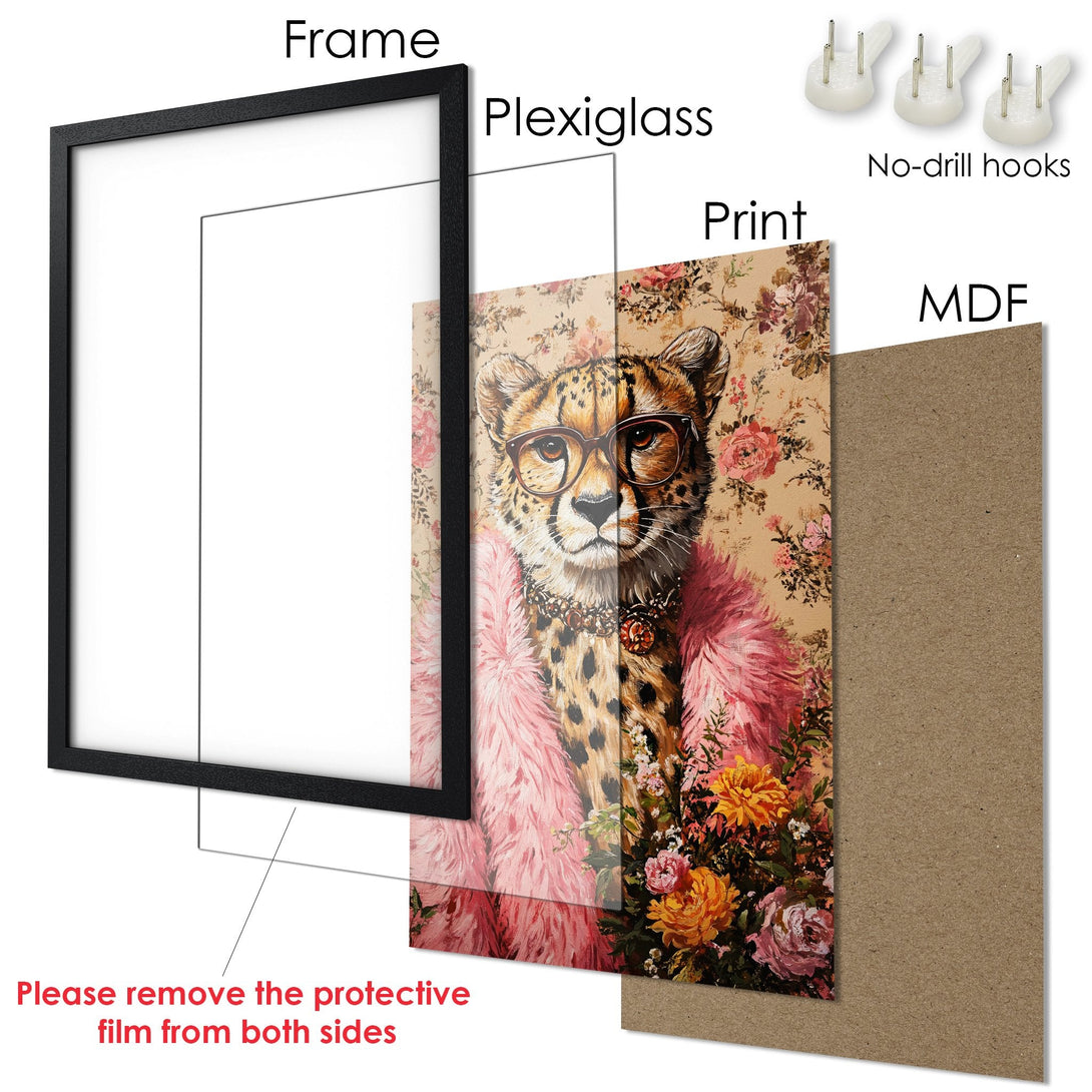 Framed Poster featuring a cheetah in glasses and pink fur, whimsical style with a warm, floral color palette. Ready to hang!