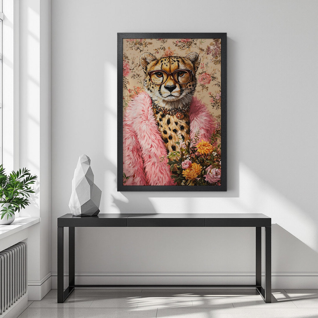 Framed Poster featuring a stylish cheetah in pink. Elegant art print with a vintage floral background and warm color palette. Perfect wall decor.