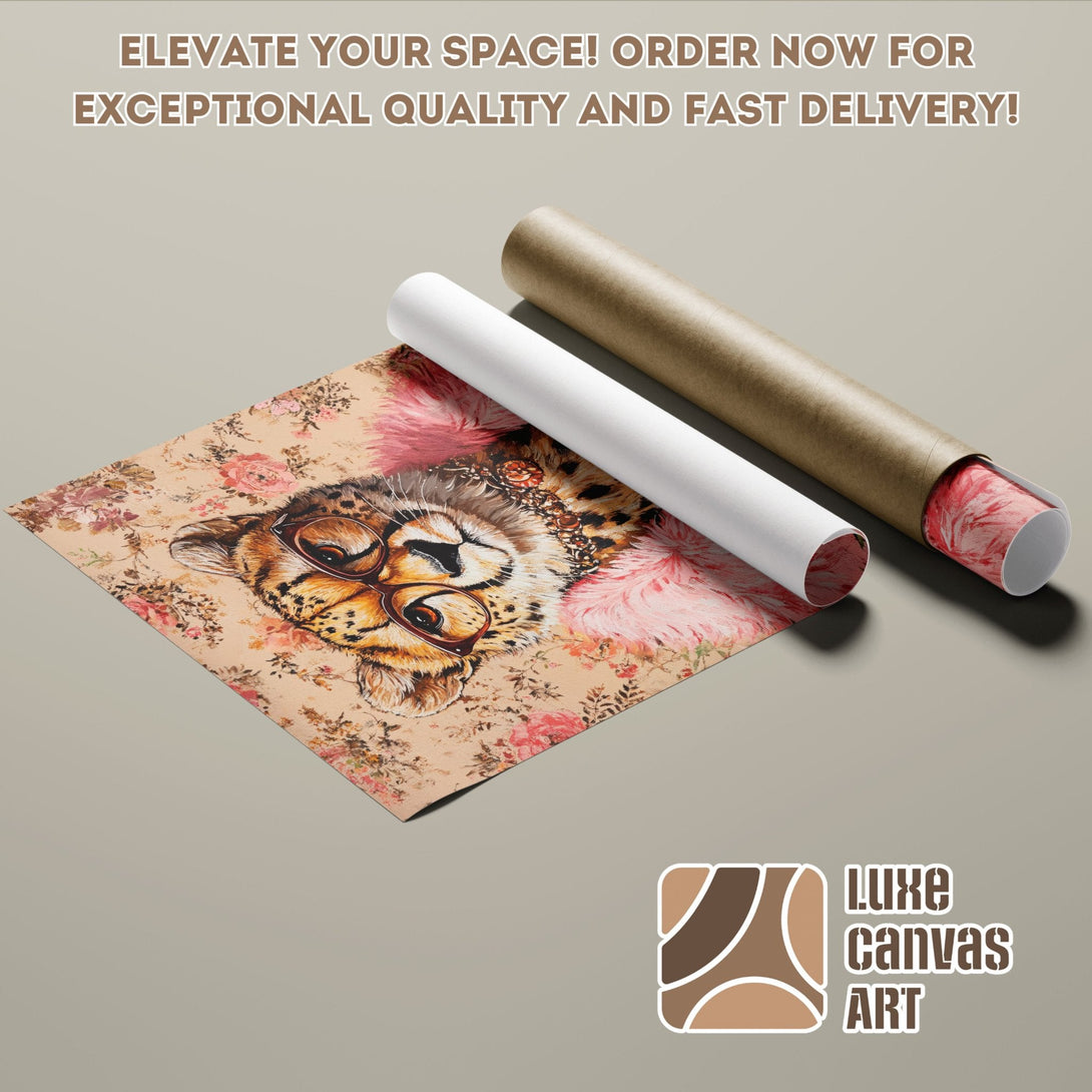 Poster Roll featuring a stylish cheetah with glasses, floral background. Warm, earthy tones. Elevate your space with this art!