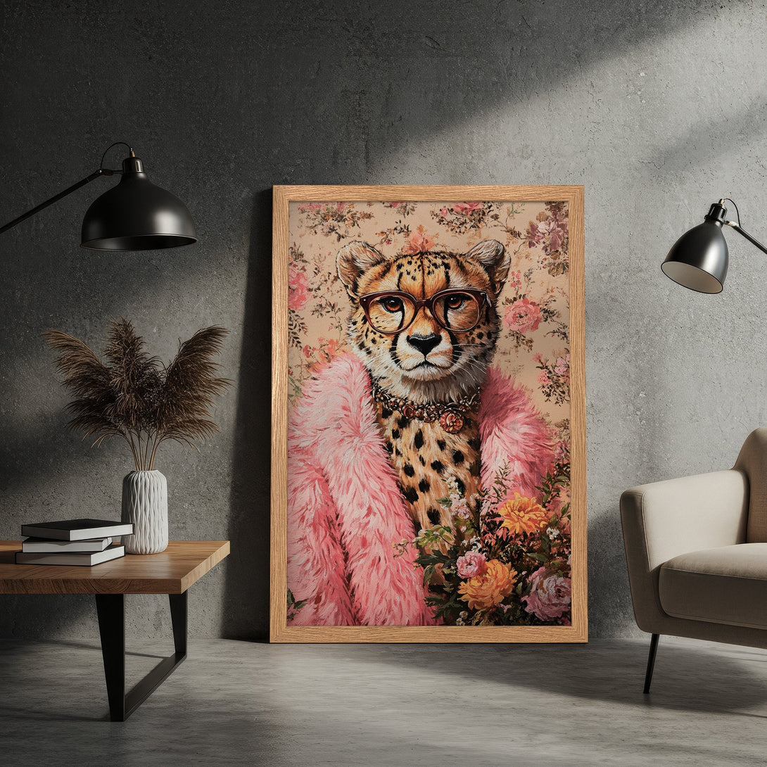 Framed Poster featuring a cheetah in a pink fur coat, vintage style, with a warm color palette. Add a touch of whimsy to your decor!