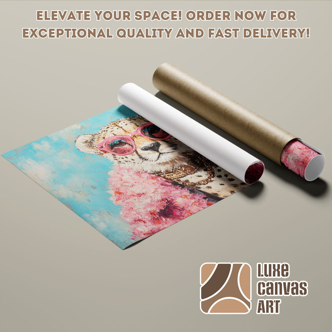 Cheetah Poster Roll, vibrant art print with pink and blue color palette. Elevate your space!