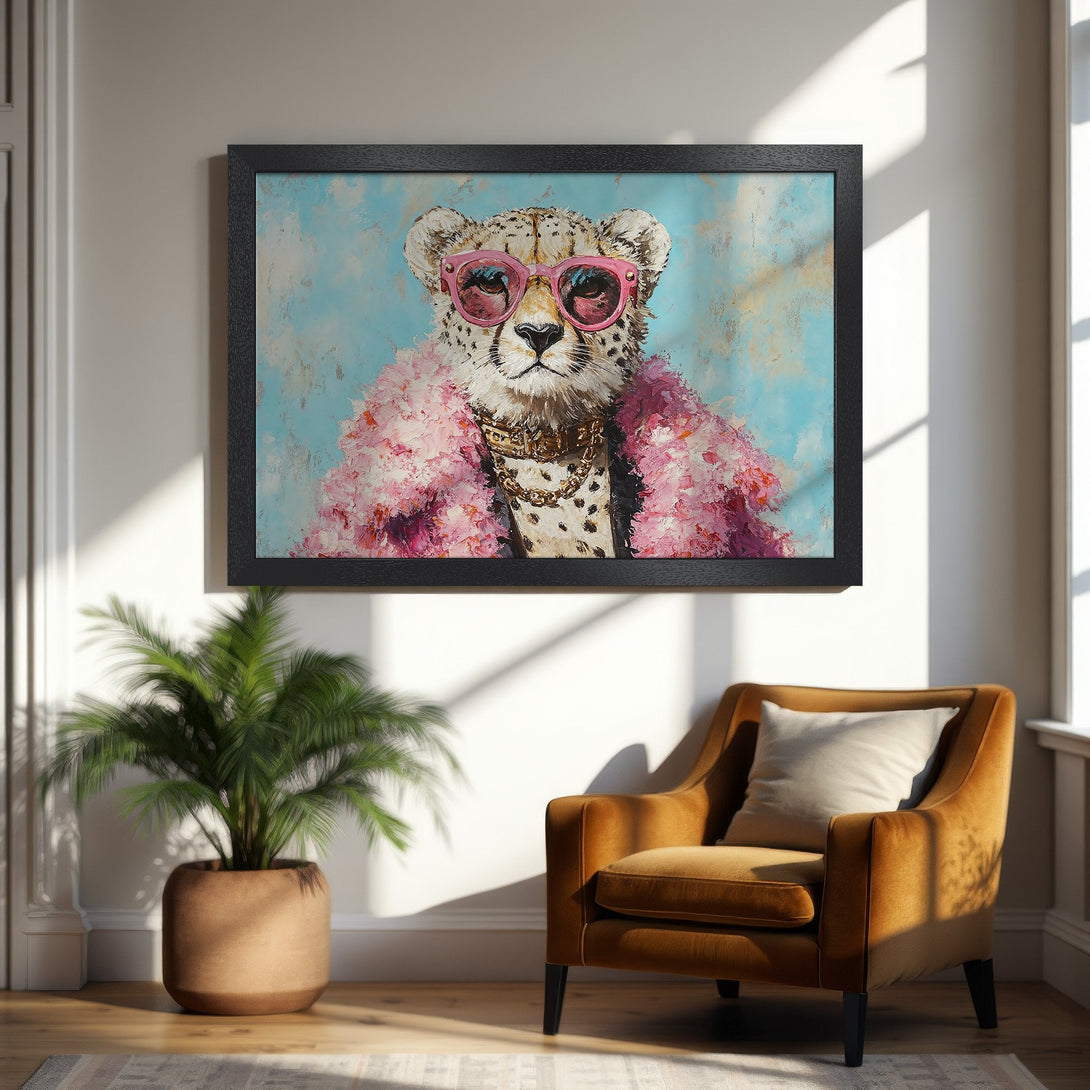 Framed Poster featuring a stylish cheetah in pink, blue, and gold. Modern art print for home decor.