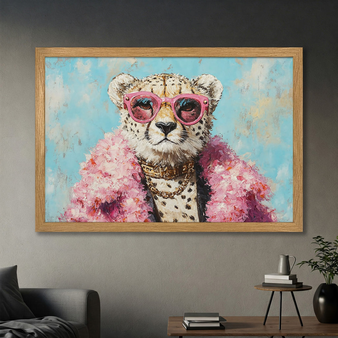 Framed Poster featuring a stylish cheetah in pink sunglasses and a pink boa, painted in an expressive style with a pastel color palette.
