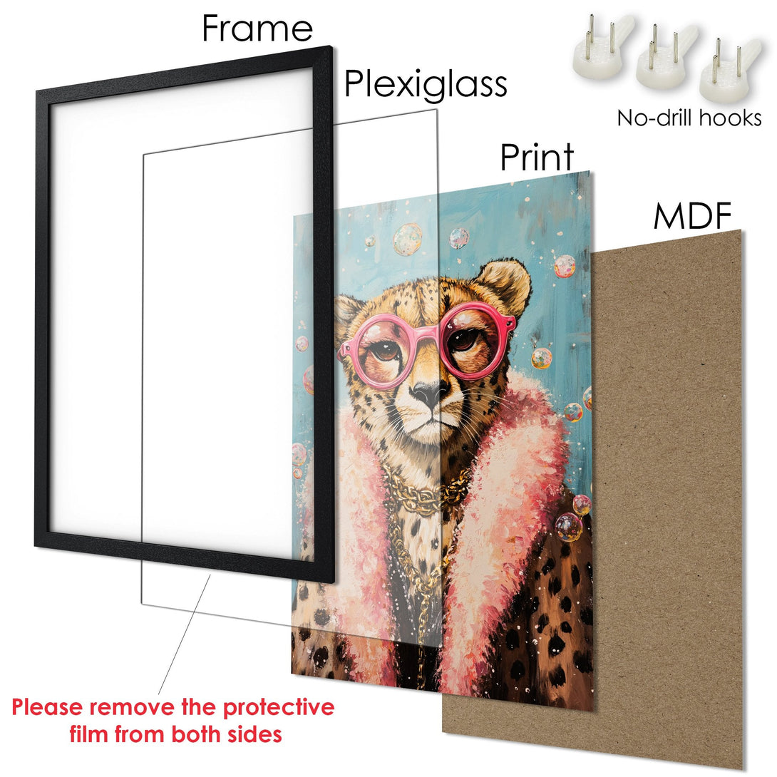 Framed Poster featuring a stylish cheetah in pink glasses, a fun art print with a teal and pink color palette.