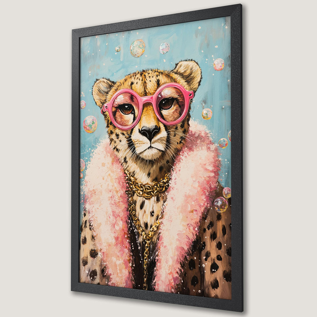 Framed Poster featuring a stylish cheetah in pink glasses & fur, painted in a whimsical style with a blue, pink, and gold color palette.