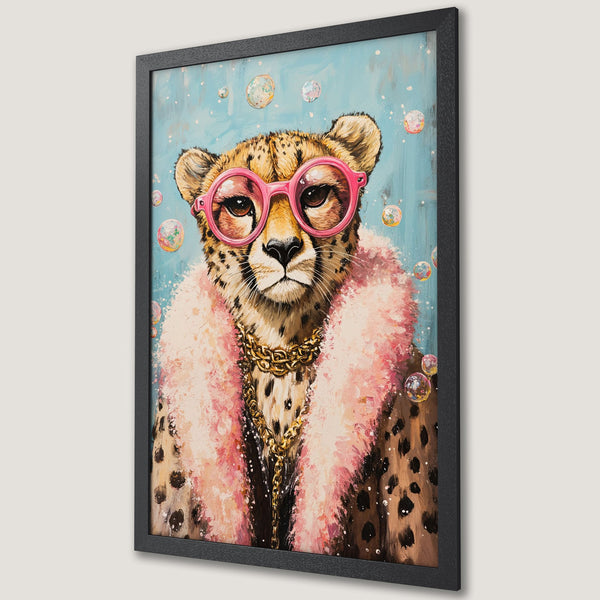 Framed Poster featuring a stylish cheetah in pink glasses & fur, painted in a whimsical style with a blue, pink, and gold color palette.