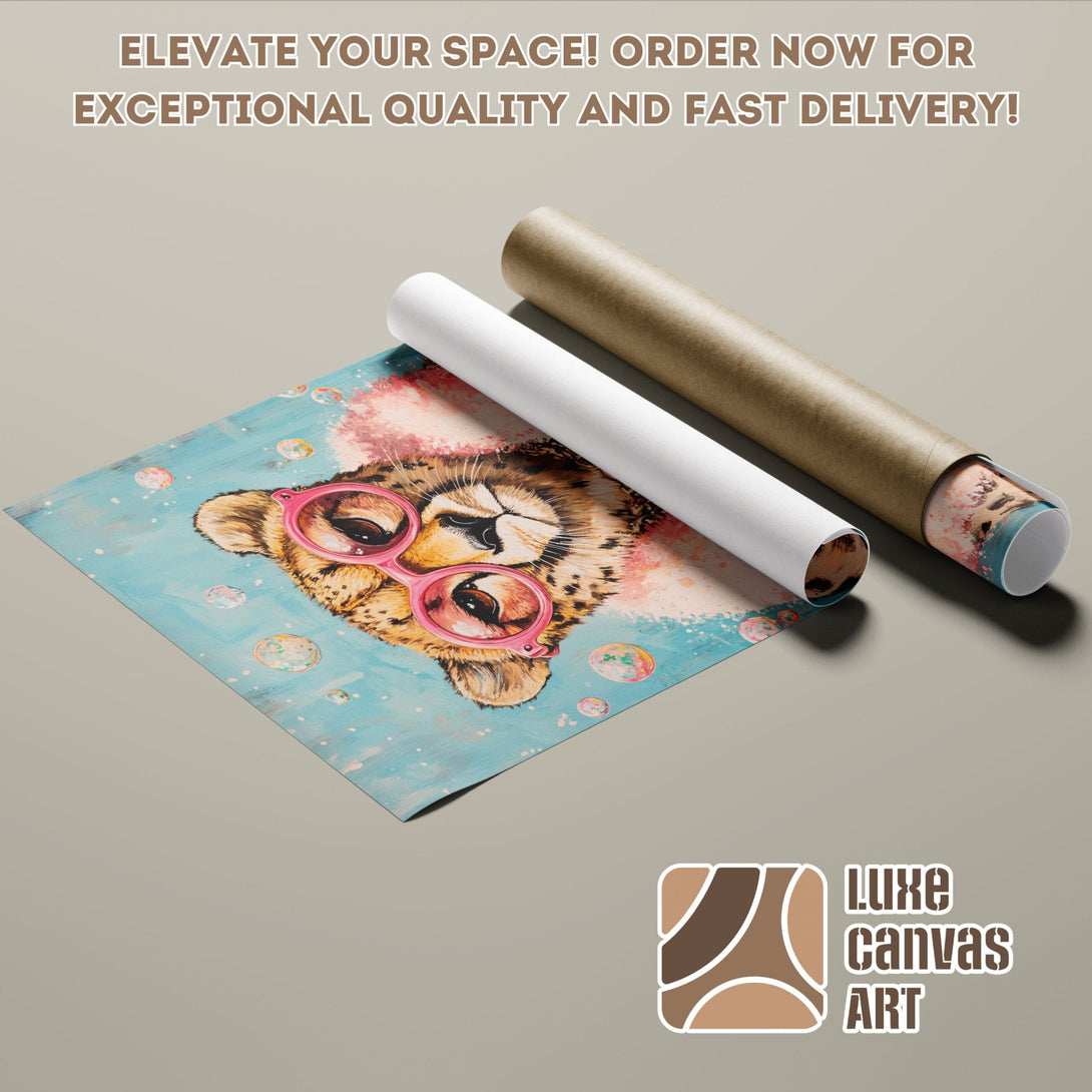 Cheetah Poster Roll art, whimsical style, blue & pink color palette. Order now for fast delivery!