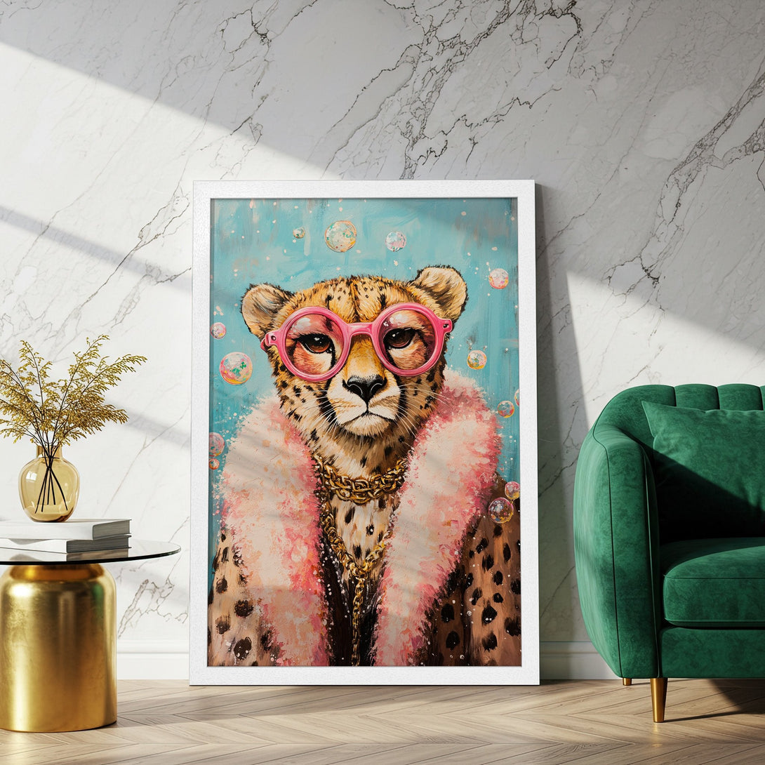 Framed Poster featuring a stylish cheetah in pink glasses and fur, vibrant teal and pink color palette, perfect wall art.