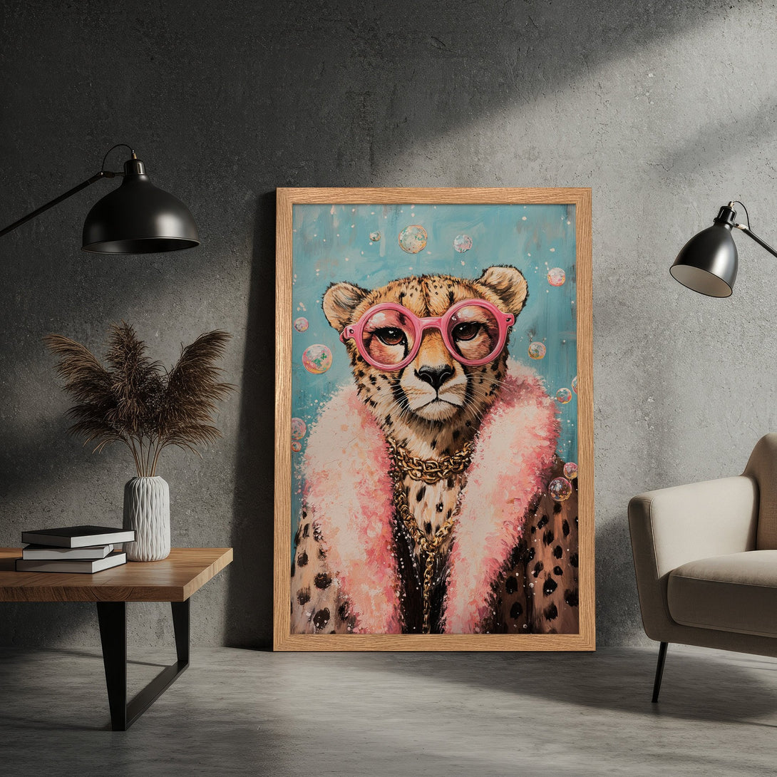 Framed Poster of a stylish cheetah in pink glasses and fur, whimsical art with a blue & pink color palette. Add a touch of fun to your decor!