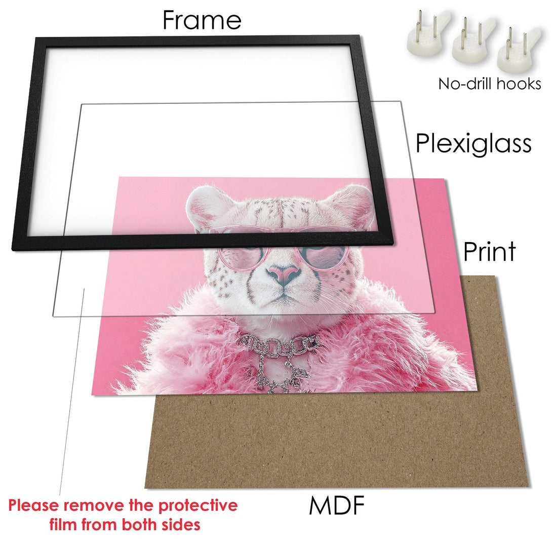 Framed Poster featuring a stylish cheetah in pink tones. Modern art print with a chic and vibrant color palette.