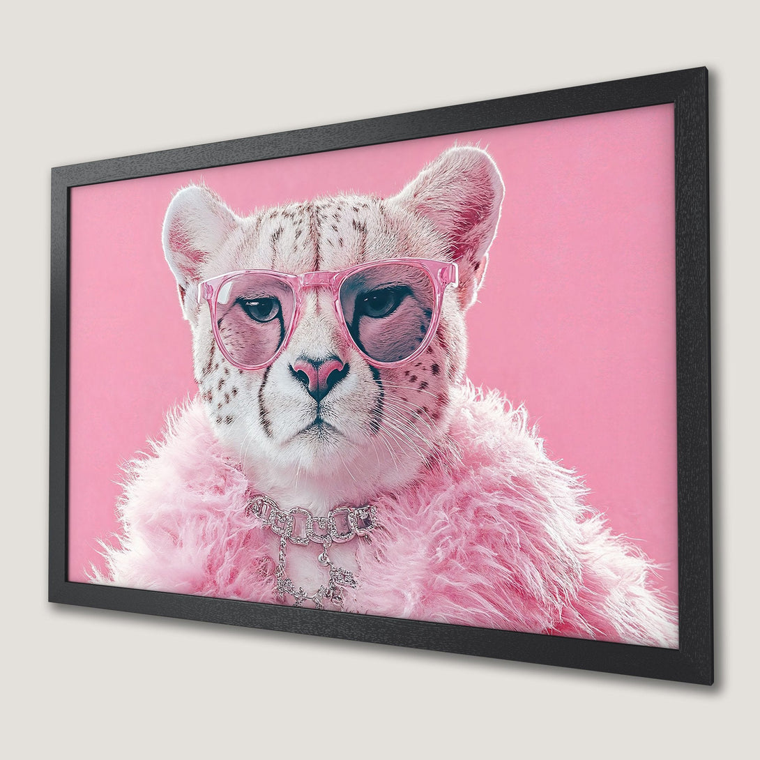 Framed Poster featuring a stylish cheetah in pink sunglasses and fur, pop art style, pink color palette.
