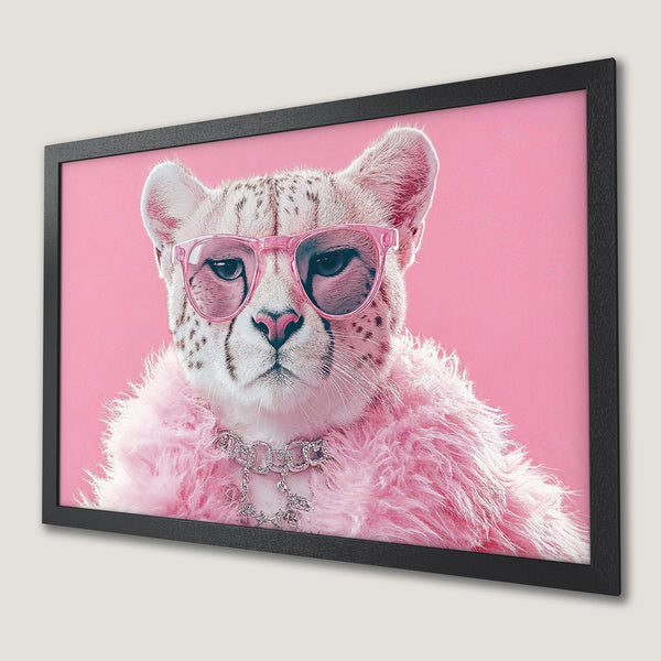 Framed Poster featuring a stylish cheetah in pink sunglasses and fur, pop art style, pink color palette.
