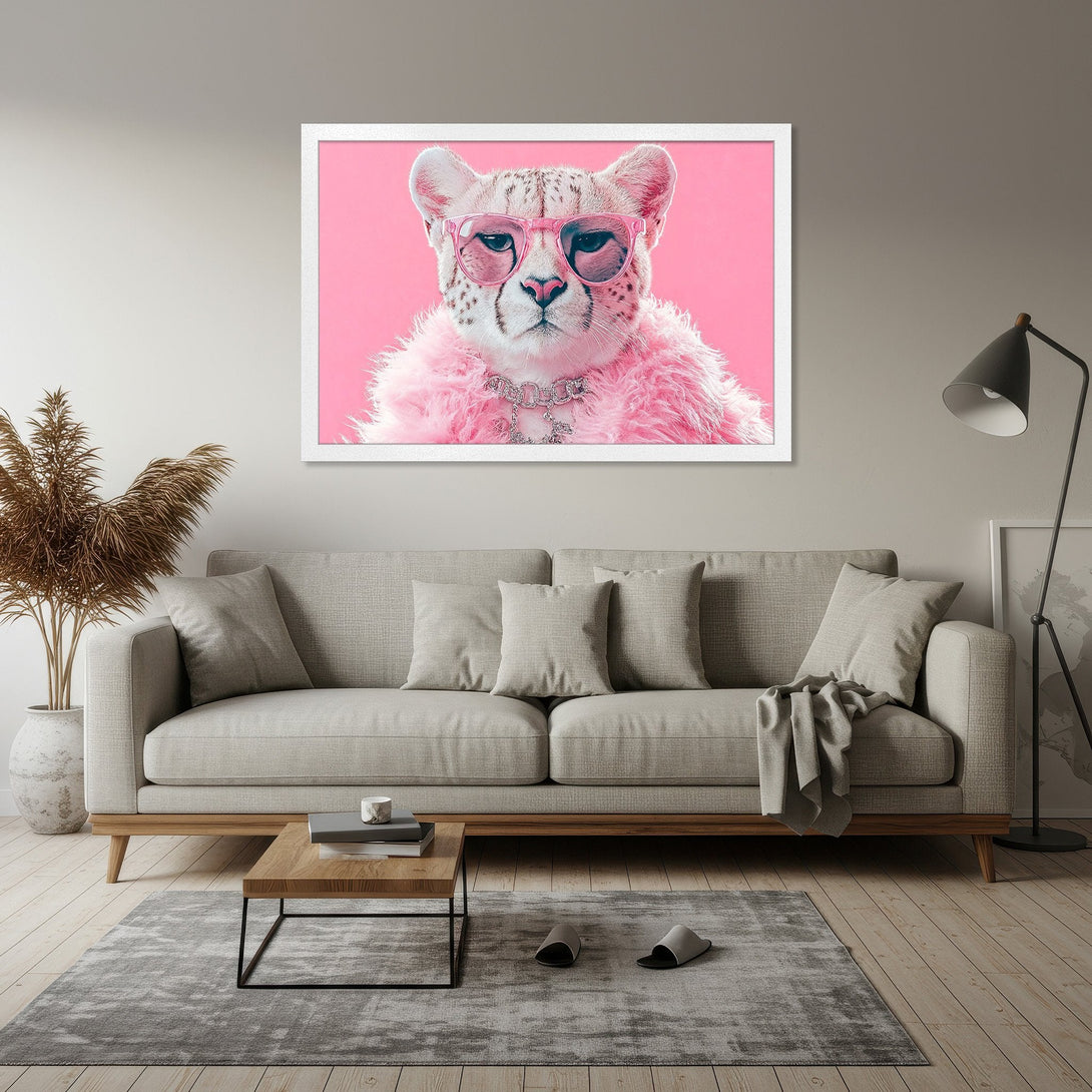 Framed Poster featuring a cheetah in pink sunglasses and fur. Modern, pop art style with a pink and neutral color palette. Perfect wall art!