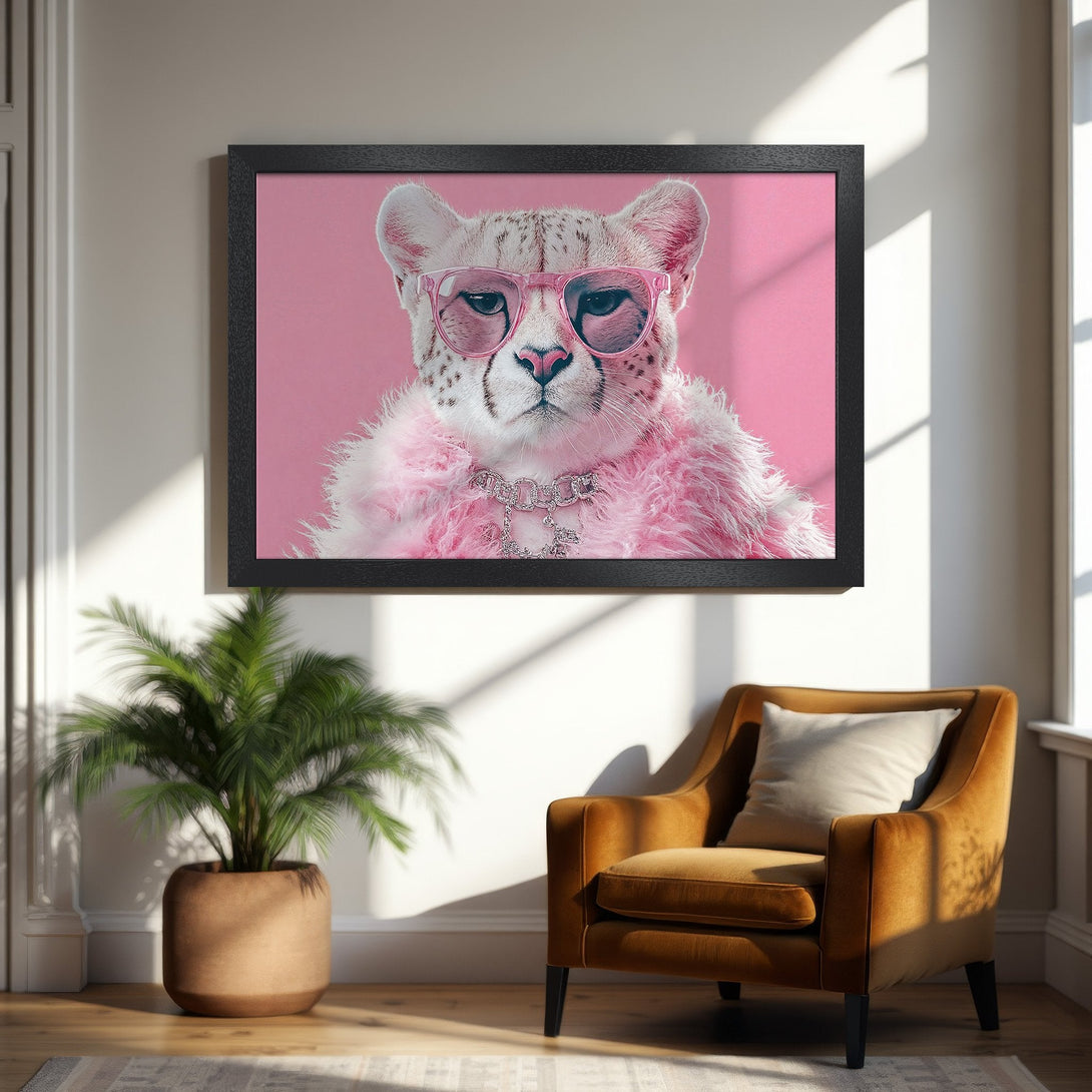 Framed Poster featuring a stylish cheetah in pink. Modern art print with a vibrant pink color palette. Perfect wall decor.
