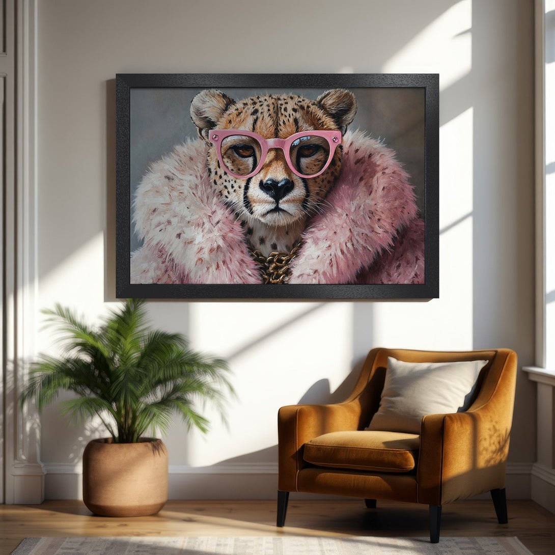 Framed Poster featuring a cheetah in pink glasses and fur, a fun and stylish art piece. Earthy tones with pops of pink.