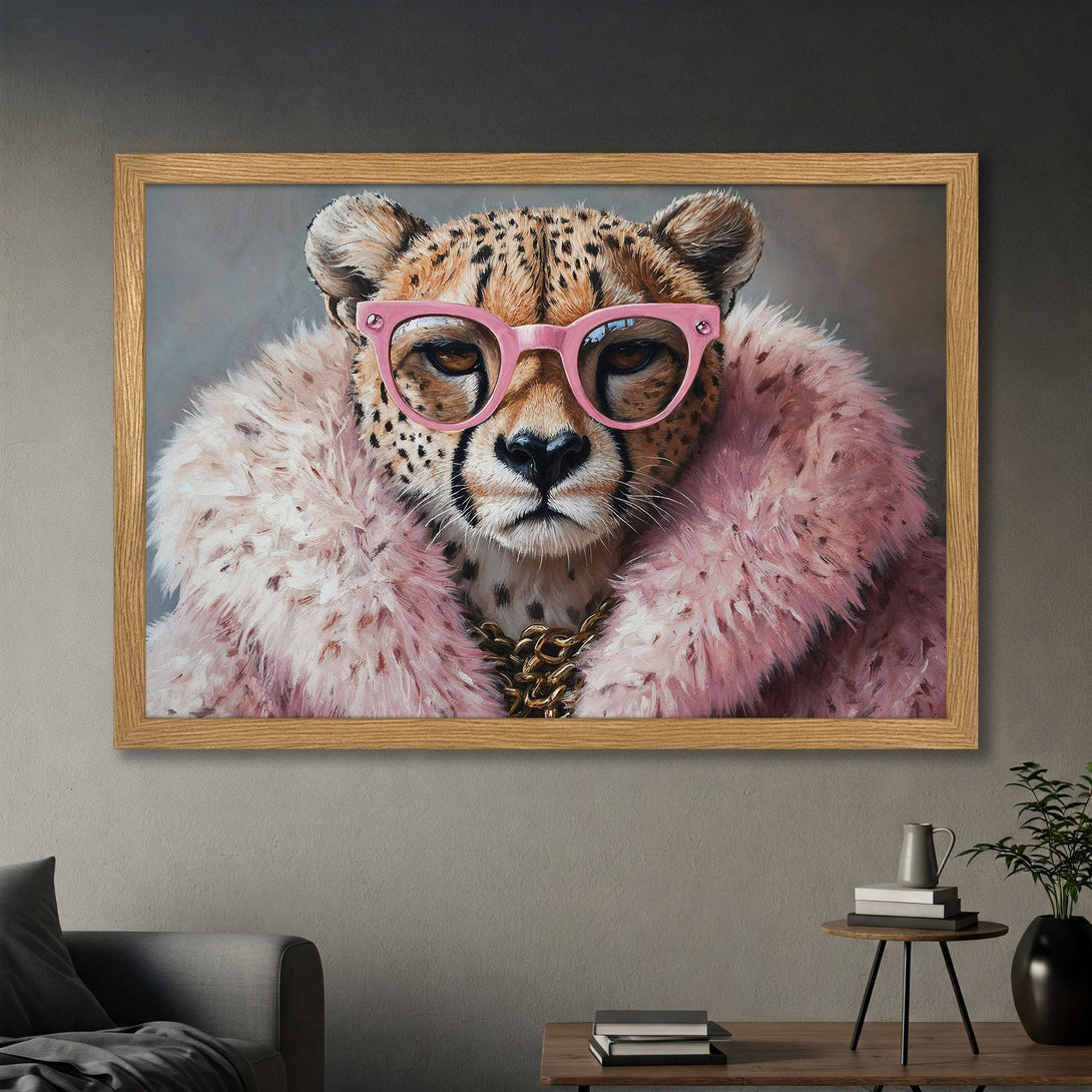 Framed Poster: Chic cheetah portrait in pink and gold. Modern art print for stylish home decor.