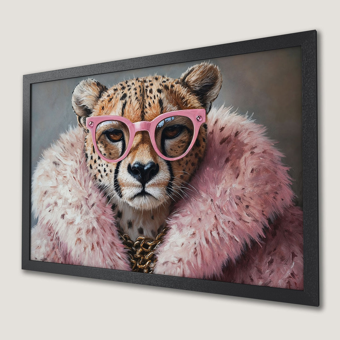 Framed Poster: Stylish cheetah in pink glasses & fur coat. Modern art print with a neutral, pink & brown palette.