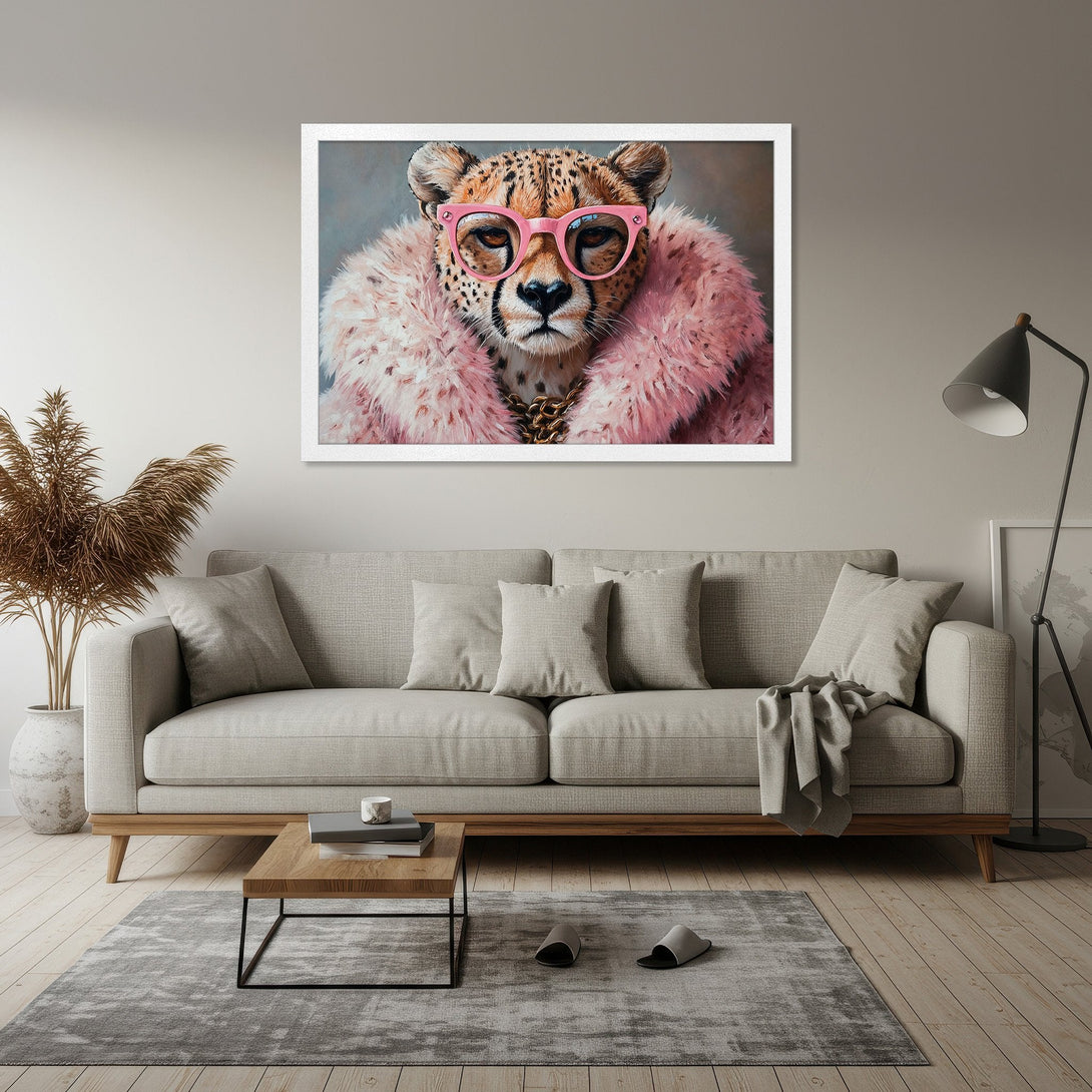 Framed Poster featuring a cheetah in pink glasses and fur coat. Modern art style with a neutral and pink color palette. Perfect wall decor!